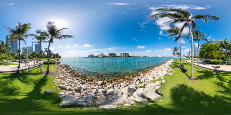 Miami Beach, FL, USA - September 3, 2023: Beautiful scene Miami Beach South Pointe Park looking at Fisher Island. Miami Beach, FL, USA - September 3, 2023: Beautiful scene Miami Beach South Pointe Park looking at Fisher Island
