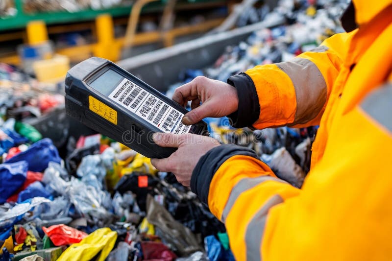 Pracownicy używający skanera do sortowania kolorowych odpadów plastikowych w zakładzie recyklingu po południu. Generacyjna AI ilustracja wektor