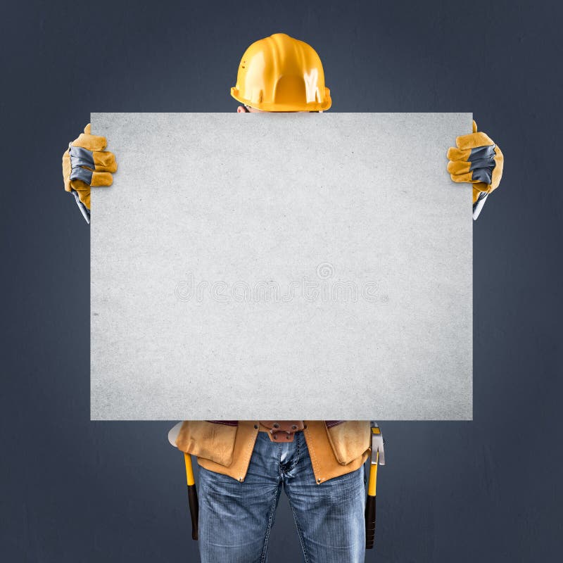 Construction worker with information posters on a blue background. Construction worker with information posters on a blue background