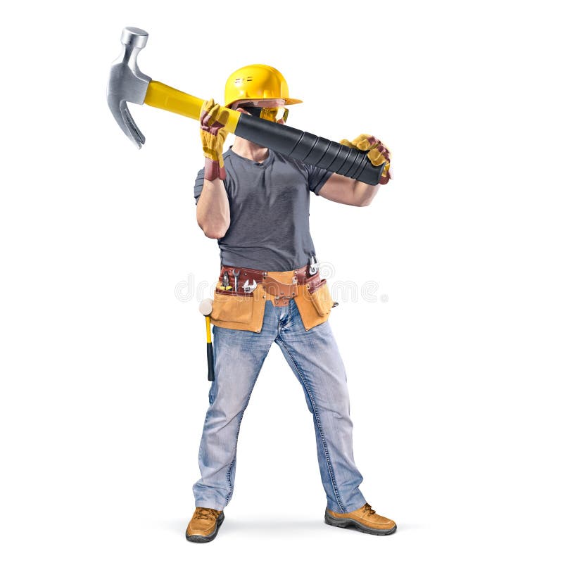 Construction worker with tool belt and hammer on white background. Construction worker with tool belt and hammer on white background