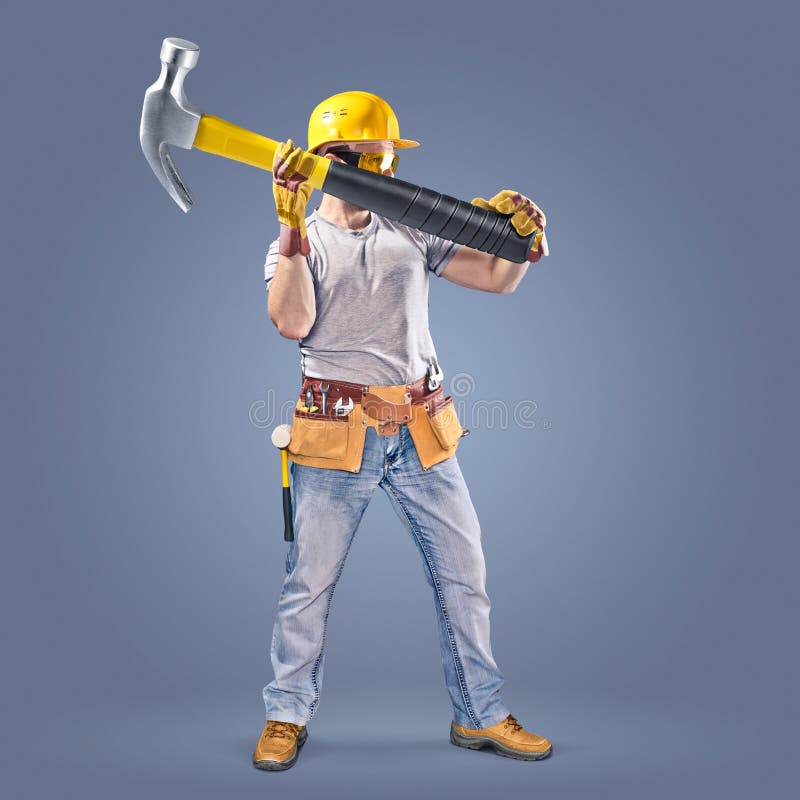 construction worker with a tool belt and a hammer on a gray blue background. construction worker with a tool belt and a hammer on a gray blue background