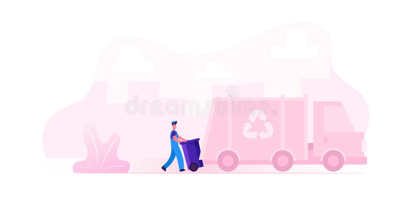 Pracownik miejskiej służby recyklingu noszący jednolity pojemnik na śmieci do transportu w ramach recyklingu ilustracji Pracownik miejskiej służby recyklingu noszący jednolity pojemnik na śmieci do transportu w ramach recyklingu ilustracji