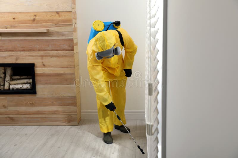 Pracownik zajmujący się zwalczaniem szkodników w kombinezonach ochronnych natryskujących insektycydy na podłodze