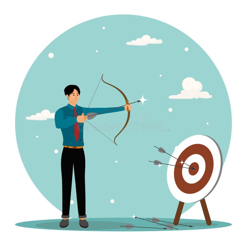 Practice develop success concept. Businessman practicing archery with mistakes until success. royalty free illustration