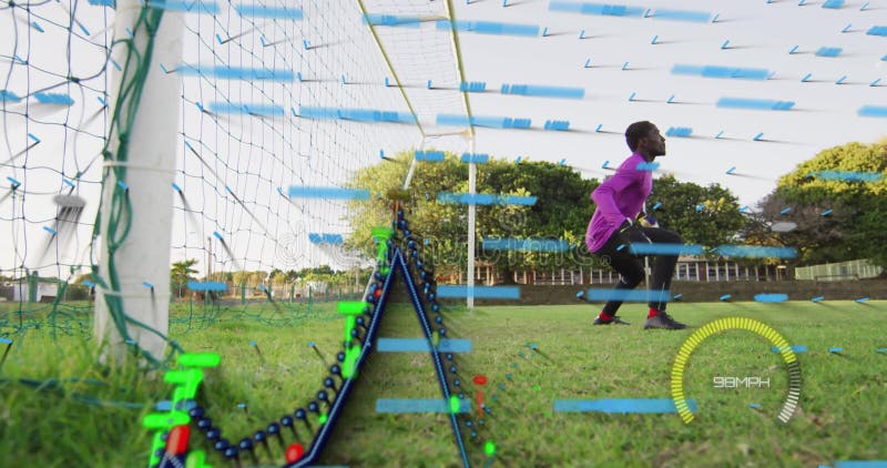Practicing goalkeeping, soccer player with animation data overlay on field stock video footage