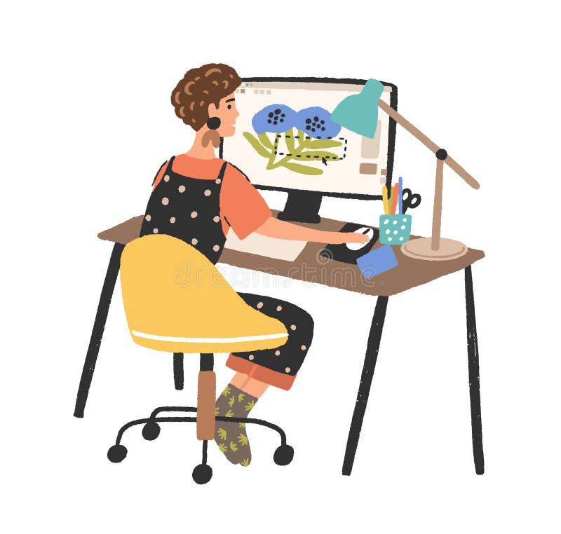 Pracująca jako niezależna grafika kobieta projektantka używa komputerowego wektora płaska ilustracja. twórcza młoda kobieta przeds
