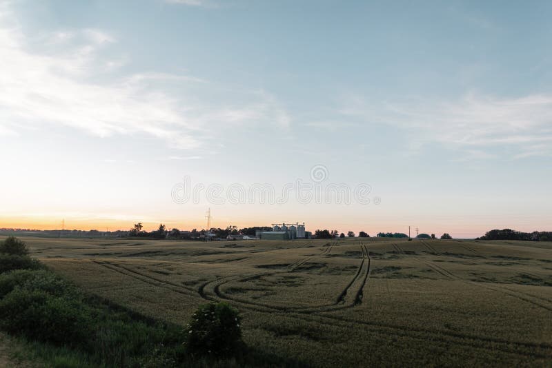 Prado verde con una granja en el fondo el cielo azul y la puesta del sol rosada del verano F?brica Agricultura fotografía de archivo libre de regalías Prado verde con una granja en el fondo el cielo azul y la puesta del sol rosada del verano F?brica Agricultura fotografía de archivo libre de regalías