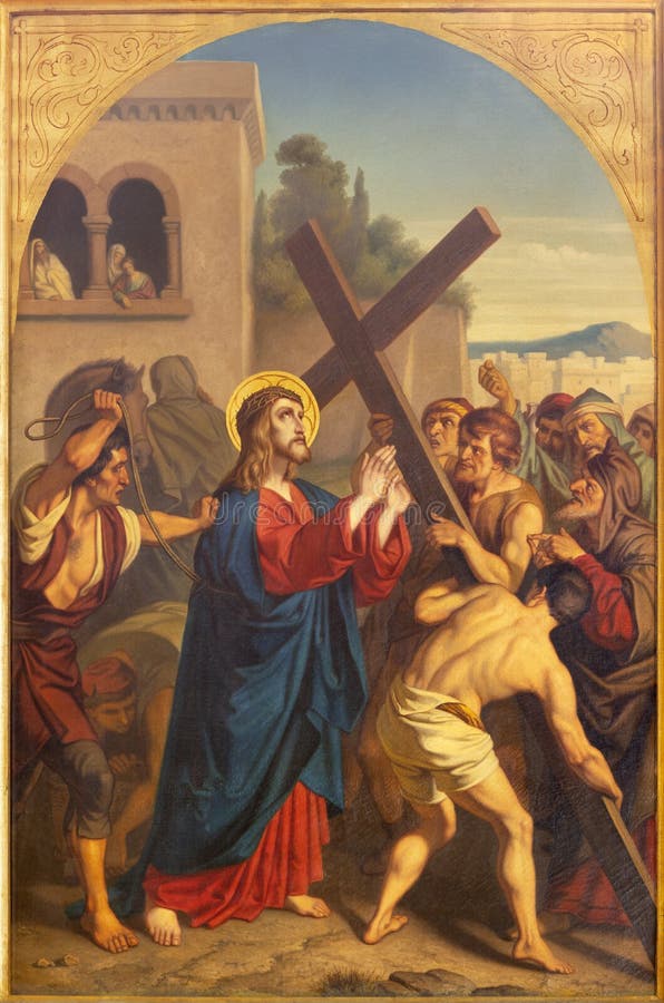 PRAGA, republika czech - 2018: Maluje Jezusowe próchnicy jego krzyż w kościelnym Bazilika svatÃ©ho Petra Pavla na VyÅ ¡ ehrade