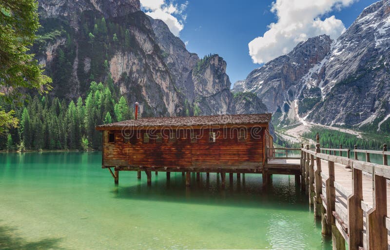 Pragser wildsee with its boathouse on a sunny day in june