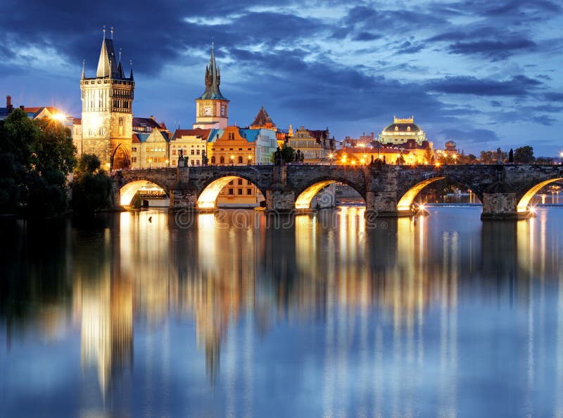 Prague bridge at night stock photo Prague bridge at night stock photo