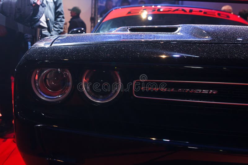 Prague, Czech Republic - April 13th 2019: Black Dodge Challenger at Autoshow PVA EXPO Praha Letnany 2019 royalty free stock photos Prague, Czech Republic - April 13th 2019: Black Dodge Challenger at Autoshow PVA EXPO Praha Letnany 2019 royalty free stock photos