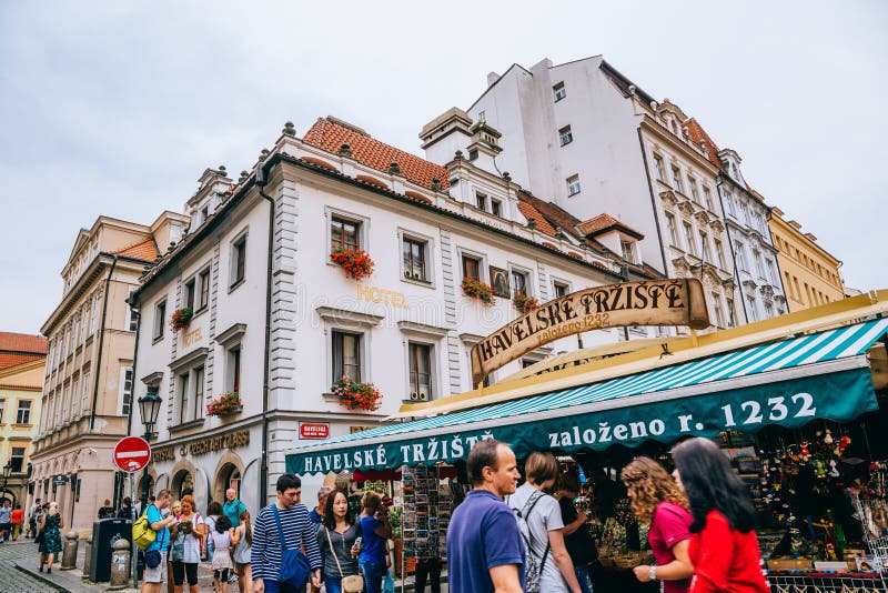 Havel`s Market and tourist people in Prague, Czech