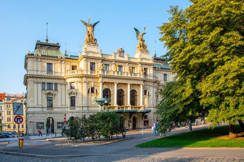 PRAGUE, CZECH REPUBLIC - AUGUST 17, 2018: Historical building of Vinohrady Theatre in Prague, Czech Republic stock photo PRAGUE, CZECH REPUBLIC - AUGUST 17, 2018: Historical building of Vinohrady Theatre in Prague, Czech Republic stock photo