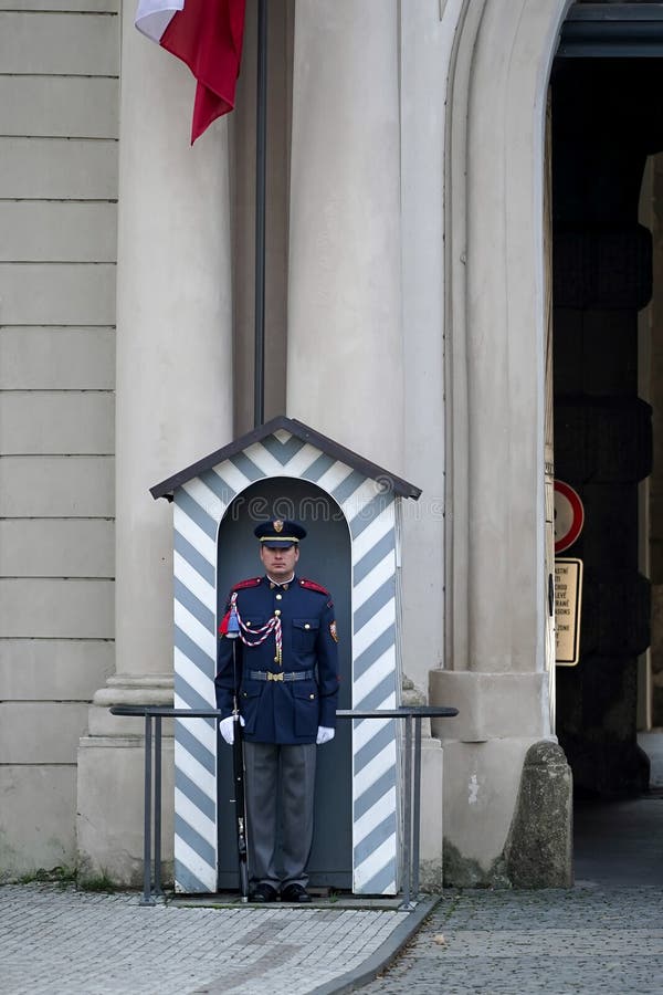 PRAGUE, CZECH REPUBLIC/EUROPE - SEPTEMBER 24 : Czech Republic soldier guarding the entrance to the Castle area in Prague on September 24, 2014. Unidentified man.