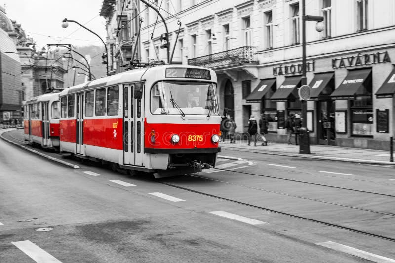 Prague, Czech Republic, - 17 Feb 2018 - red tram on a desaturated shot