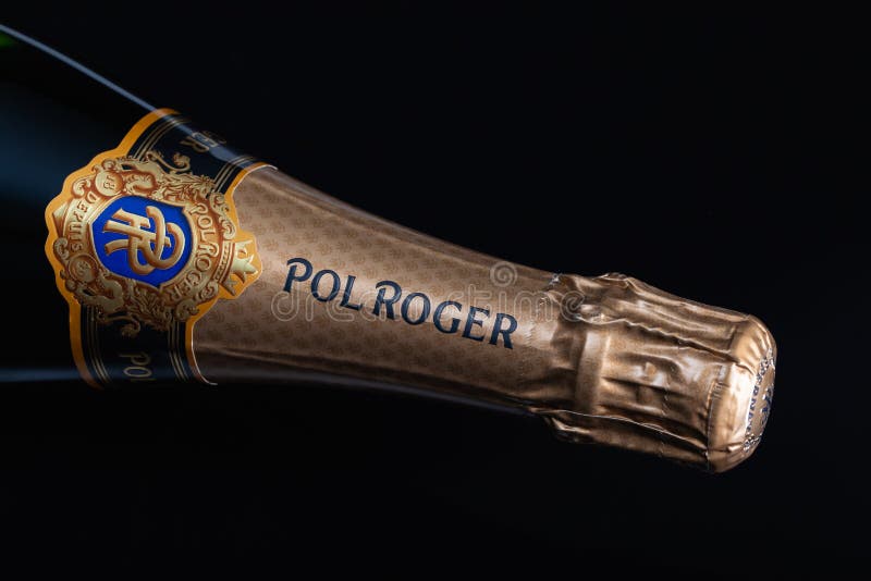 The detail of bottle Pol Roger champagne  on the black  background