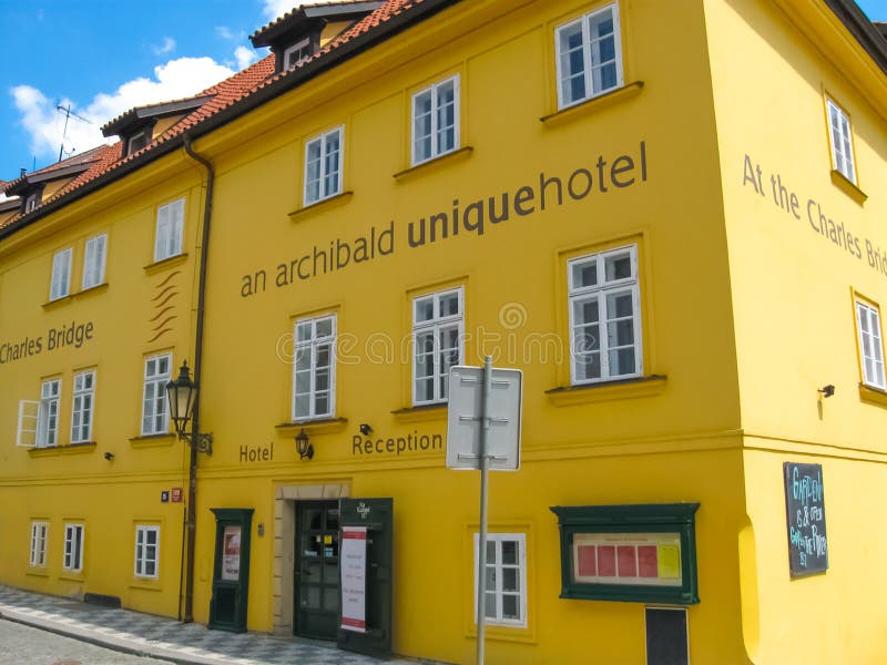 Prague, Czech Republic - 26 June, 2010: The hotel Archibald At The Charles Bridge at house of old architecture in old town at