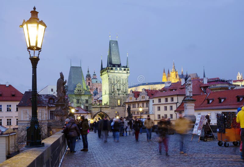 Prague, Czech Republic, Mala Strana Charles bridge tower. Evening.