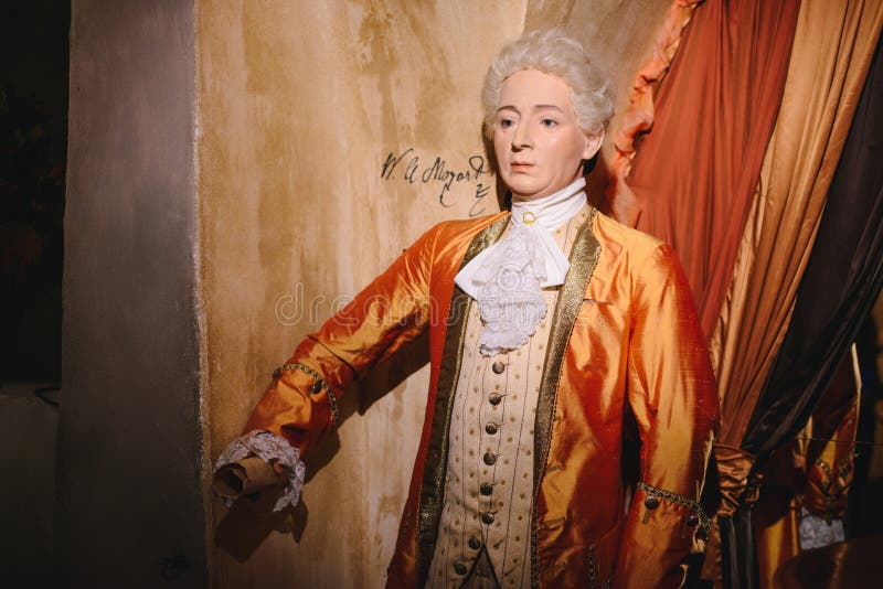 PRAGUE, CZECH REPUBLIC - MAY 2017: Wax statue Wolfgang Amadeus Mozart, a piano virtuoso in the Wax Museum in the Czech Republic in