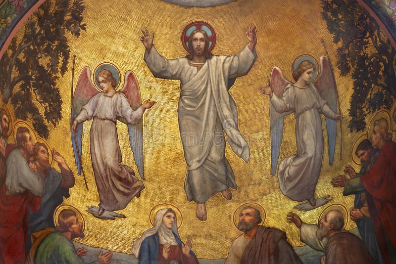 PRAGUE, CZECH REPUBLIC - OCTOBER 13, 2018: The fresco of Ascension of Jesus in side apse of church kostel Svatého Václava