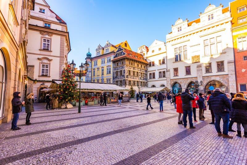 PRAGUE, CZECH REPUBLIC - 1.12.2018: Old Prague town square Staromestske namesti in czech speak near the church with Orloj.