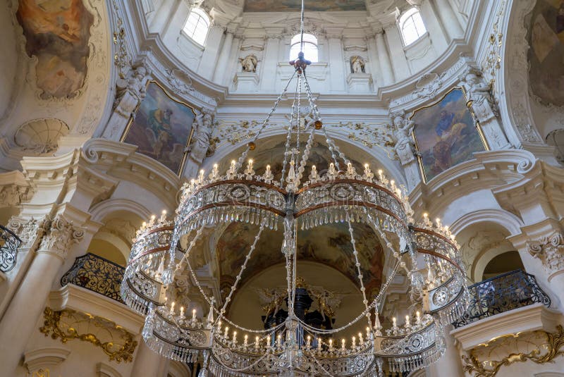 PRAGUE, CZECH REPUBLIC - 28th of July 2016 - Stunning interior and crystal crown chandelier in the Baroque St Nicholas Cathedral Old Town Prague, a popular tourist destination.