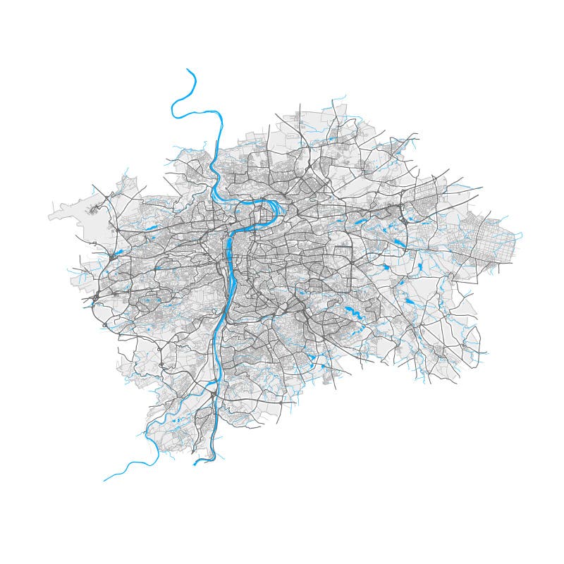 Prague, Czechia Black and White high resolution vector map