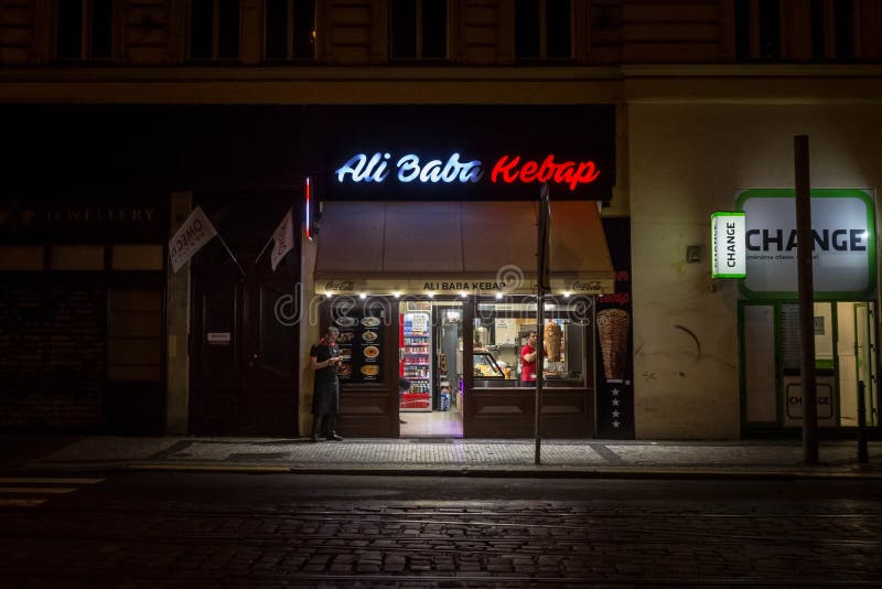 Kebab fast food restaurant at night in the center of Prague. royalty free stock images Kebab fast food restaurant at night in the center of Prague. royalty free stock images