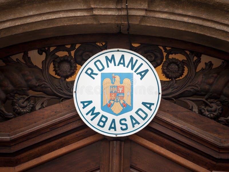 Sign indicating the Romanian embassy of Prague.