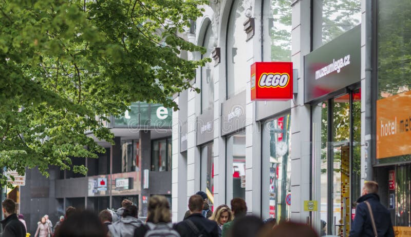 PRAGUE, CZECHIA - 12TH APRIL 2019: The red Lego logo outside the Museum and store in downtown Prague stock image PRAGUE, CZECHIA - 12TH APRIL 2019: The red Lego logo outside the Museum and store in downtown Prague stock image