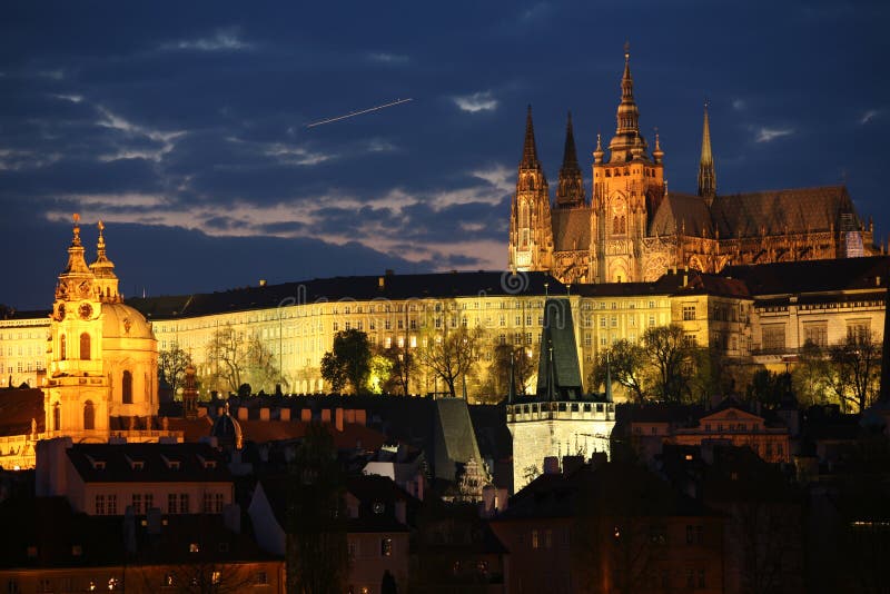 Panoramic night view to Lesser Town, Prague castle and St. Nicholas church. Panoramic night view to Lesser Town, Prague castle and St. Nicholas church.