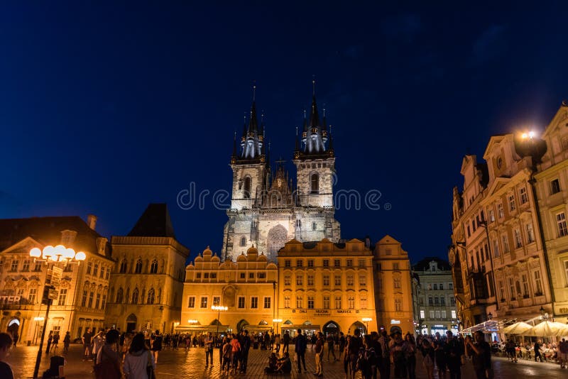 Prague`s Old Town Square at night in the summer