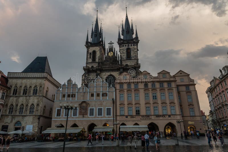 Prague`s Old Town Square at sunset after the rain