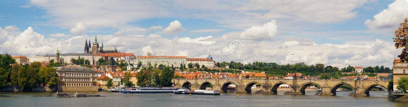 A very extensive panorama of the Prag: the Vltava River, the Charles Bridge and the Prague Castle. Prague.