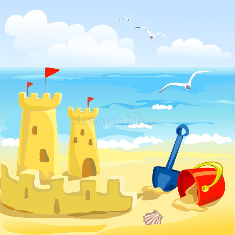 Praia com brinquedos e castelos de areia das crianças ilustração do vetor Praia com brinquedos e castelos de areia das crianças ilustração do vetor