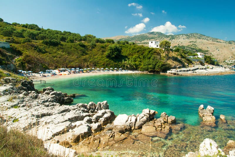 Praia de Kassiopi, ilha de Corfu, Grécia fotografia de stock Praia de Kassiopi, ilha de Corfu, Grécia fotografia de stock