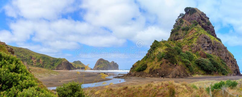 Praia de Piha e Lion Rock, região de Auckland, Nova Zelândia fotografia de stock royalty free Praia de Piha e Lion Rock, região de Auckland, Nova Zelândia fotografia de stock royalty free