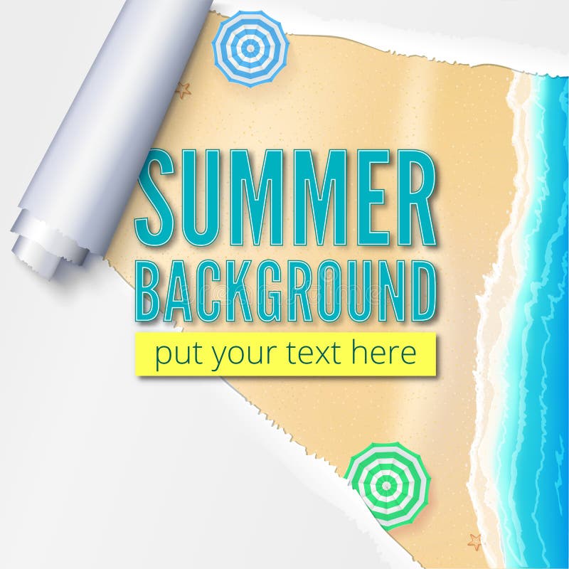 Praia do verão com os guarda-chuvas da areia, da ressaca e de praia Fundo com papel rasgado e torcido Cartaz vazio da propaganda ilustração stock Praia do verão com os guarda-chuvas da areia, da ressaca e de praia Fundo com papel rasgado e torcido Cartaz vazio da propaganda ilustração stock