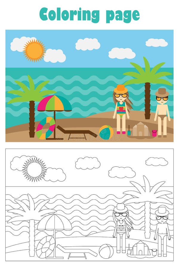 Praia no estilo dos desenhos animados, página do verão da coloração do verão, jogo do papel da educação para o desenvolvimento da ilustração do vetor Praia no estilo dos desenhos animados, página do verão da coloração do verão, jogo do papel da educação para o desenvolvimento da ilustração do vetor