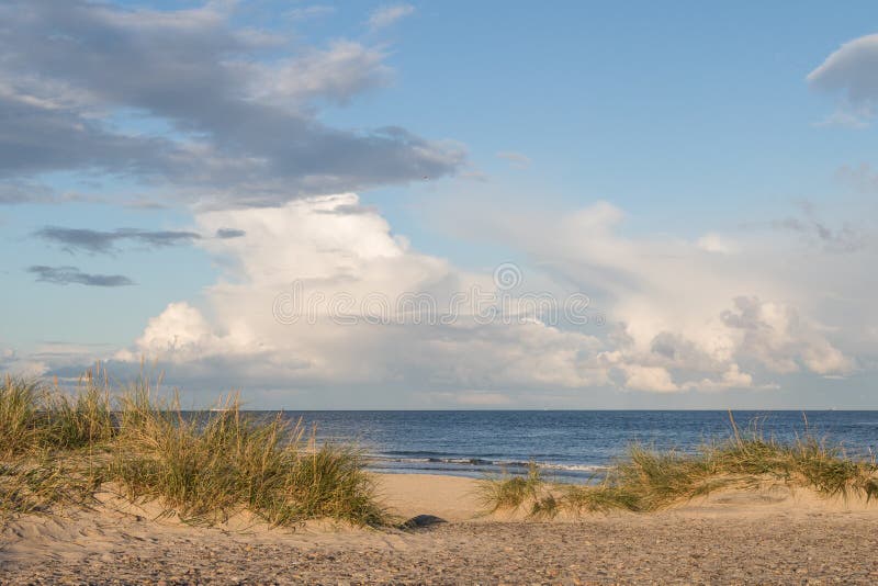 Praia, oceano e céu azul com as nuvens em Grenen Skagen em Dinamarca fotografia de stock royalty free Praia, oceano e céu azul com as nuvens em Grenen Skagen em Dinamarca fotografia de stock royalty free