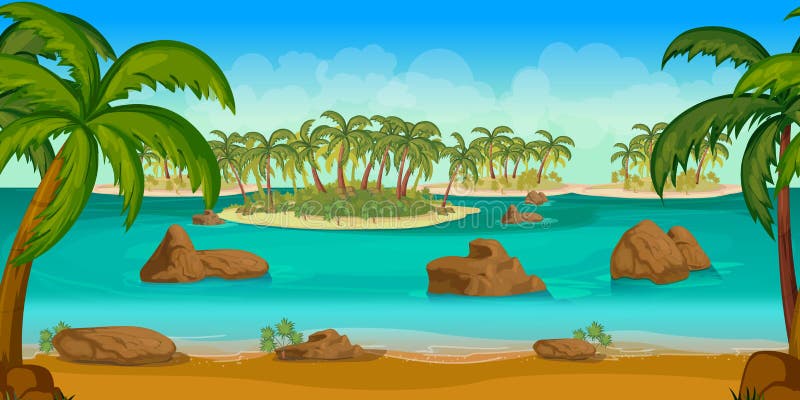 Praia tropical bonita, ilustração de um fundo do oceano do verão dos desenhos animados com palmeiras, cocos, pedras ilustração stock Praia tropical bonita, ilustração de um fundo do oceano do verão dos desenhos animados com palmeiras, cocos, pedras ilustração stock