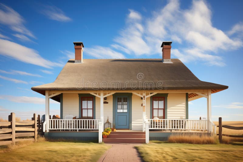 Prairie cottage with thatched roof and widespread eaves vector illustration