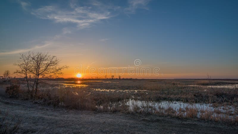 Prairie wetland / grassland and rural grassy dirt road landscape at sunset with orange, yellows, and blues in sky - Spring at the royalty free stock images Prairie wetland / grassland and rural grassy dirt road landscape at sunset with orange, yellows, and blues in sky - Spring at the royalty free stock images
