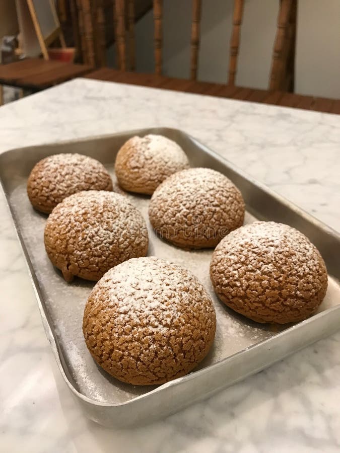 Pralina di recente al forno del Eclair di Parigi Brest del chou con cioccolato e lo zucchero di polvere sul vassoio fotografia stock libera da diritti Pralina di recente al forno del Eclair di Parigi Brest del chou con cioccolato e lo zucchero di polvere sul vassoio fotografia stock libera da diritti