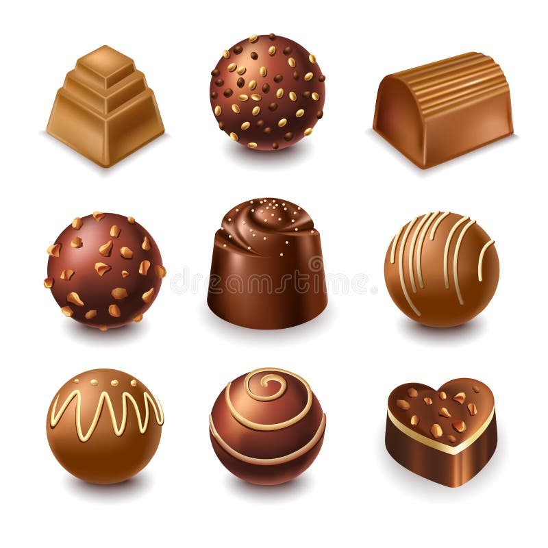 Pralinen und Comfitsbonbons vector realistische Sammlung der Ikonen 3D lizenzfreie abbildung Pralinen und Comfitsbonbons vector realistische Sammlung der Ikonen 3D lizenzfreie abbildung