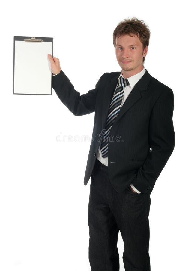 Prancheta da terra arrendada do homem de negócios imagens de stock Prancheta da terra arrendada do homem de negócios imagens de stock