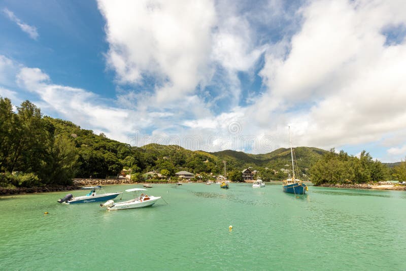 Praslin Island / Seychelles: View from Praslin Marina Seychelles towards Anse Lamour royalty free stock images Praslin Island / Seychelles: View from Praslin Marina Seychelles towards Anse Lamour royalty free stock images