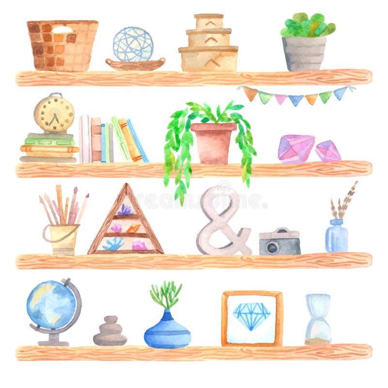 Prateleira da aquarela com objetos ilustração do vetor Prateleira da aquarela com objetos ilustração do vetor