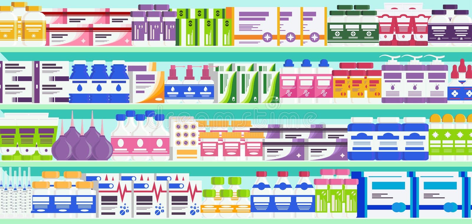 Prateleiras Da Farmácia Dos Desenhos Animados Com Produtos Médicos E  Garrafas Da Pílula. Medicamentos, Drogas Médicas Na Prateleira Da Farmácia  Ou Na Ilustração Vetorial Da Vitrine. Sortimento Da Medicamentação Para A  Saúde