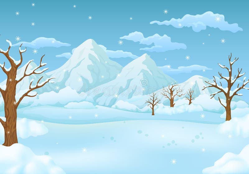 Prati nevosi di giorno di inverno con gli alberi sfrondati ed i fiocchi di neve di caduta Montagne e cielo nuvoloso nei precedent